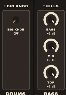 The MASTER page: the BIG KNOB on strip 1, the BASS, MID and TOP kills on strip 2