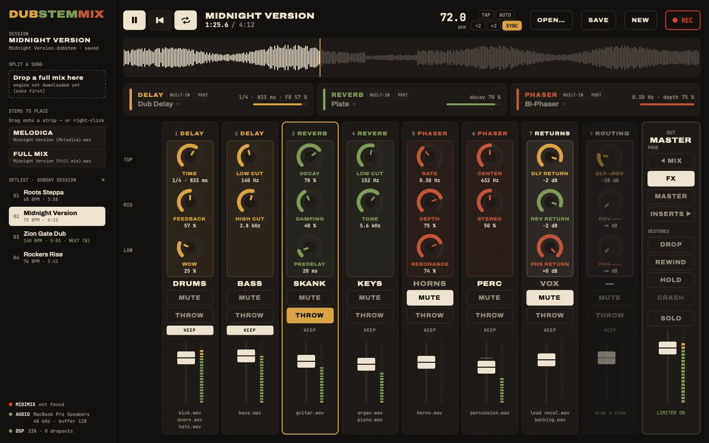DubStemMix, FX page: the knobs drive the tape delay, the reverb and the phaser