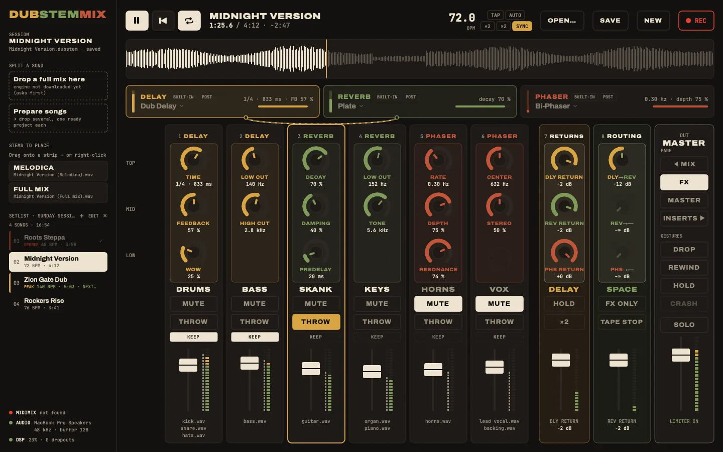 DubStemMix, FX page: the knobs drive the tape delay, the reverb and the phaser