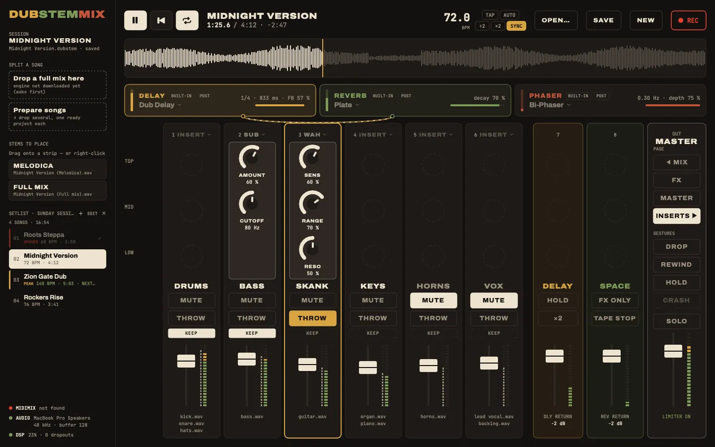 DubStemMix, INSERTS page: sub on the bass, auto-wah on the skank