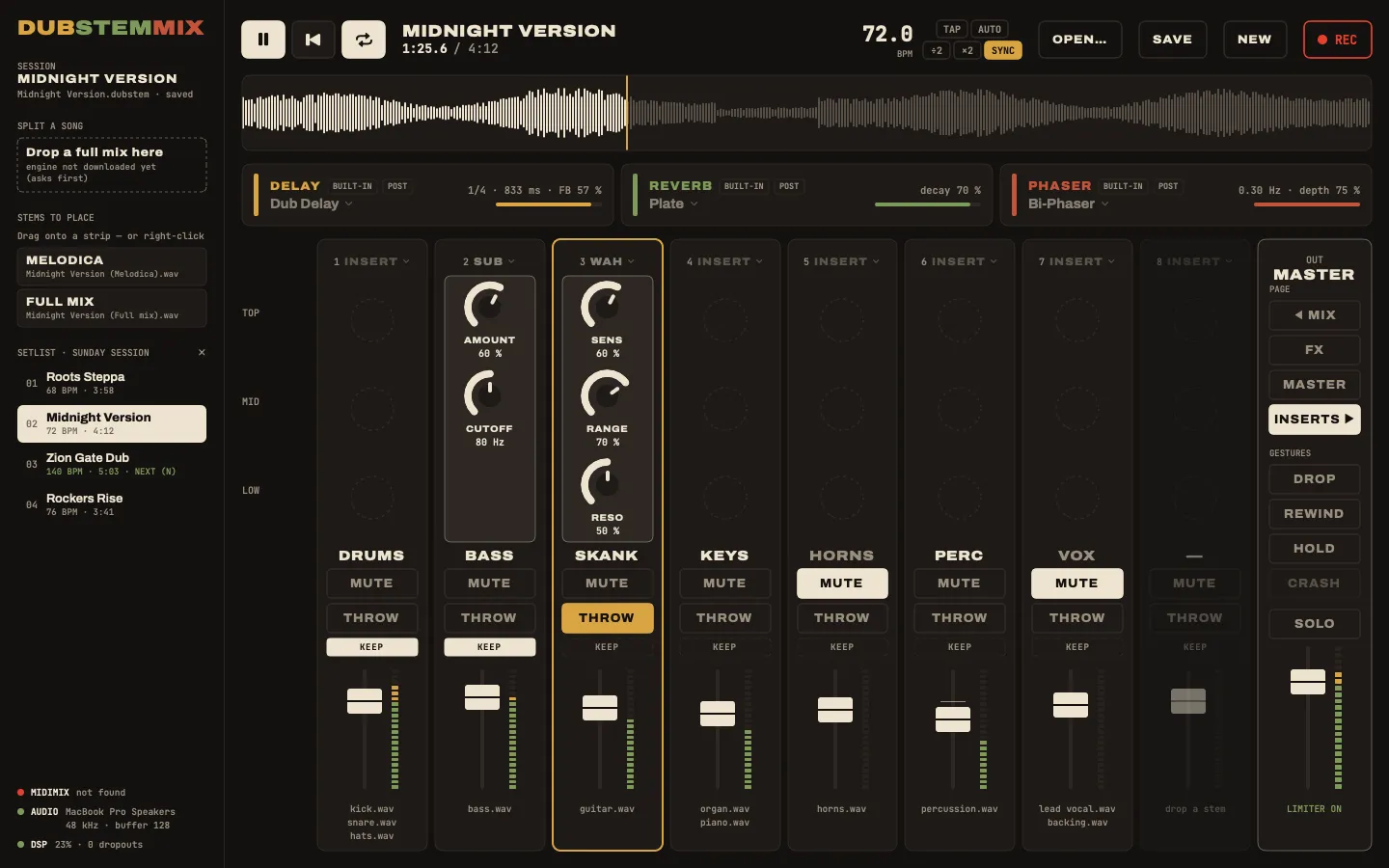 DubStemMix, INSERTS page: sub on the bass, auto-wah on the skank