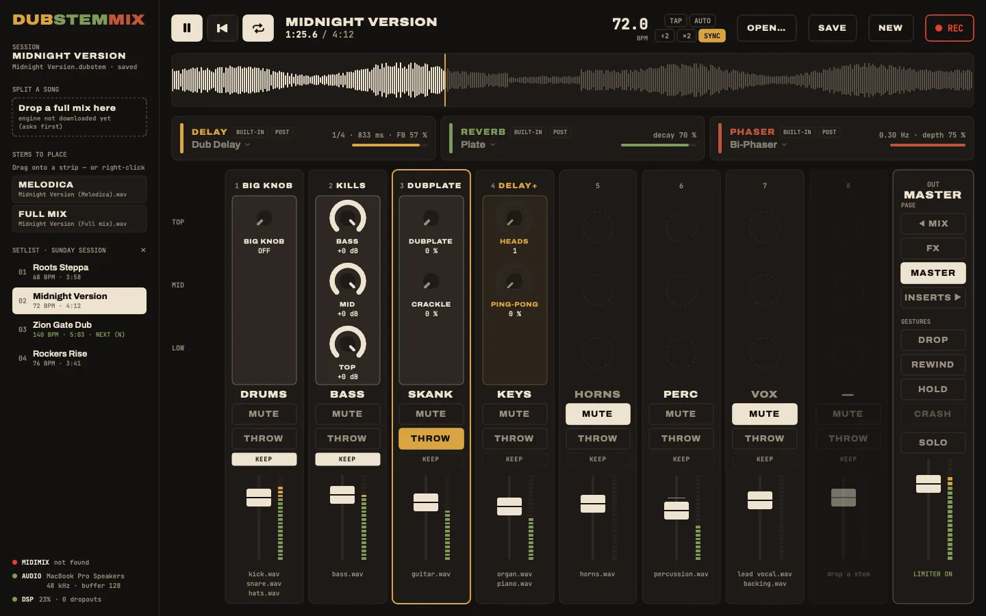 DubStemMix, MASTER page: big knob, kills, dubplate, delay heads