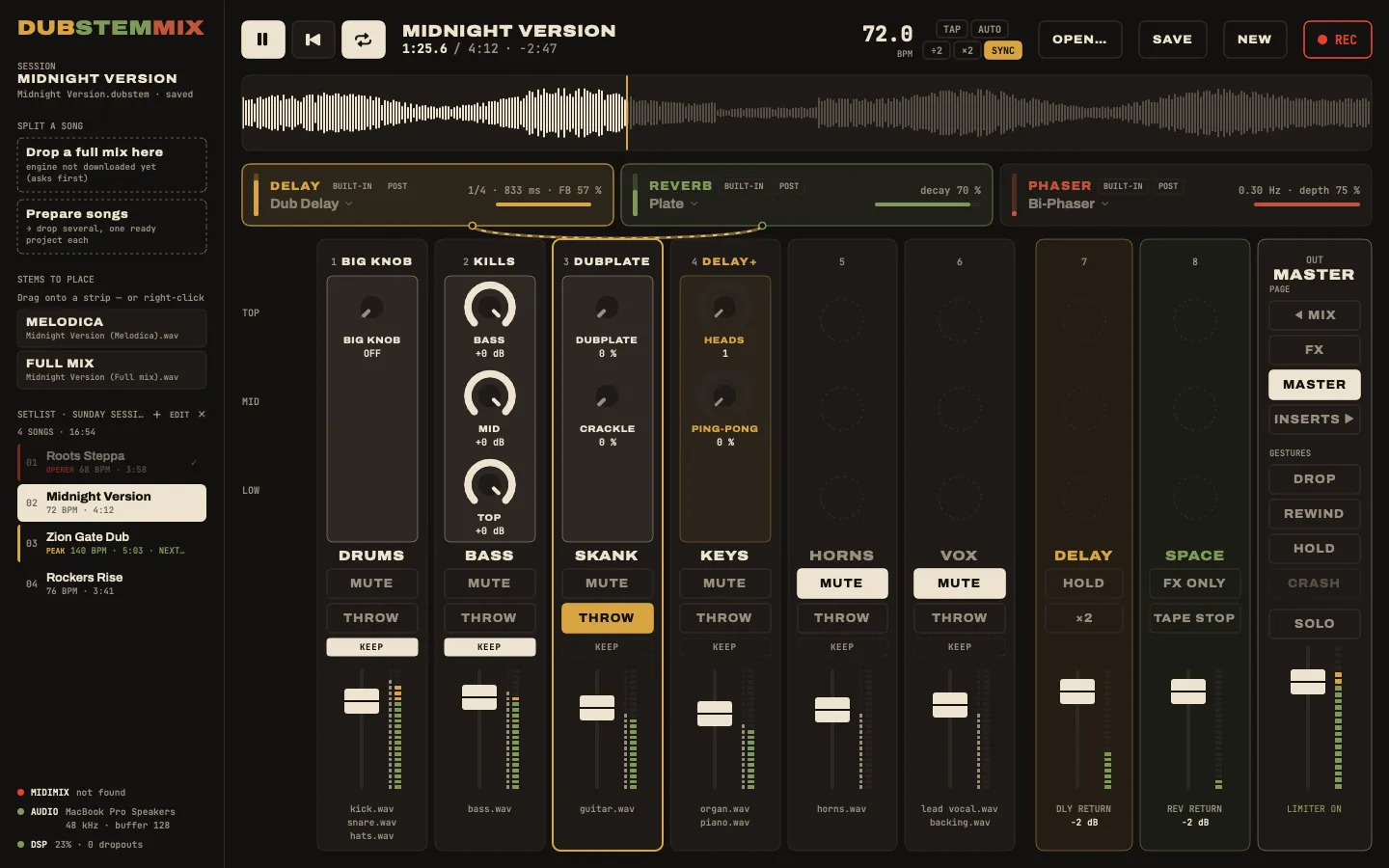 DubStemMix, MASTER page: big knob, kills, dubplate, delay heads