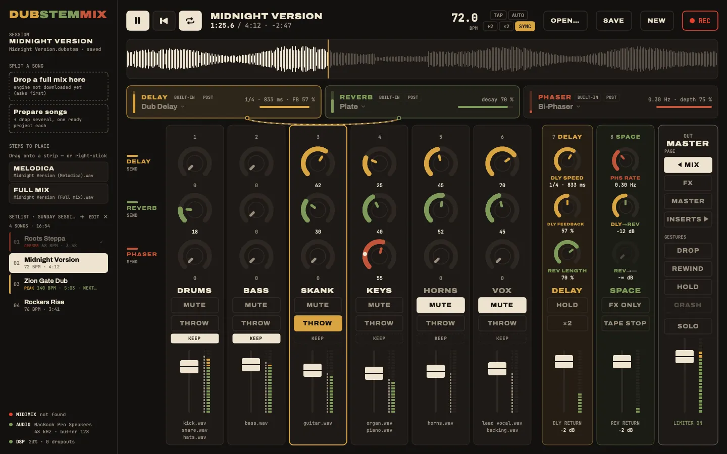 DubStemMix, MIX page: six stem strips with sends to delay, reverb and phaser, two effect strips, master column on the right