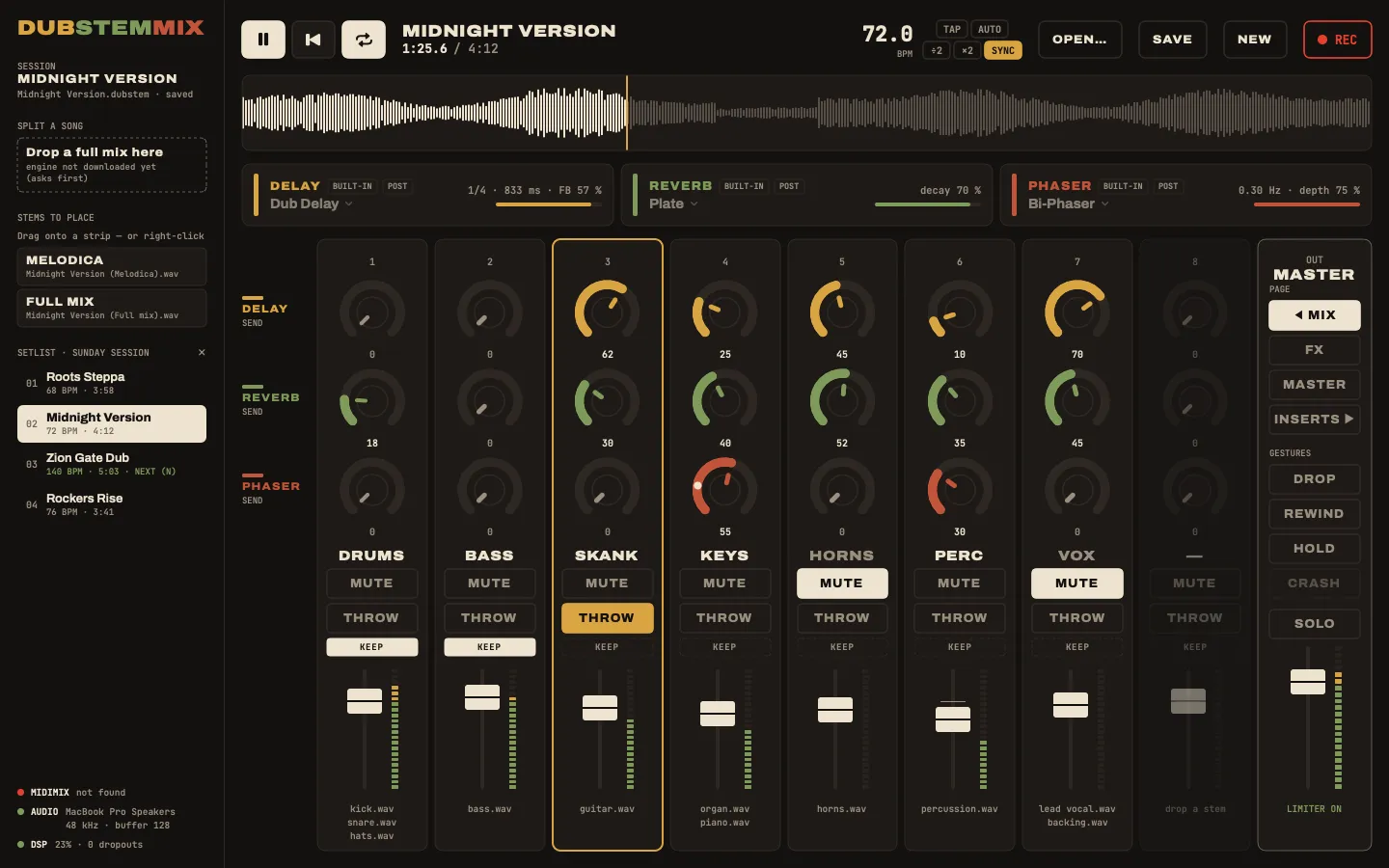 DubStemMix, MIX page: eight strips with sends to delay, reverb and phaser, master column on the right