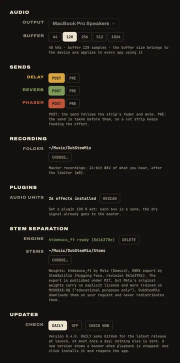 DubStemMix settings: output device, buffer size, recordings folder, pre/post-fader per bus, stem separation engine