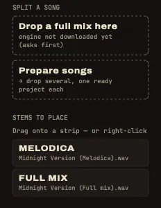 The sidebar: SPLIT A SONG at the top, then the stems waiting to be placed