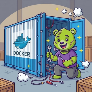 FrankenDeploy mascot working on Docker container