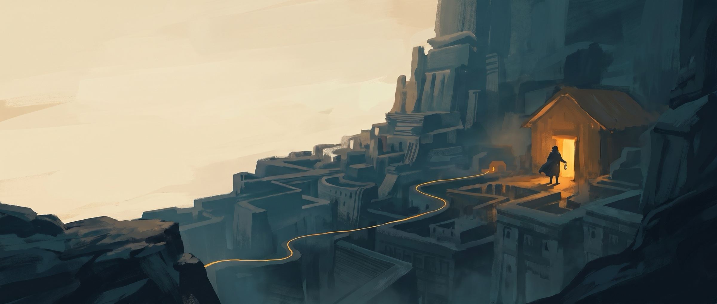 At dusk, the explorer reaches the small lit building where the golden thread ends.