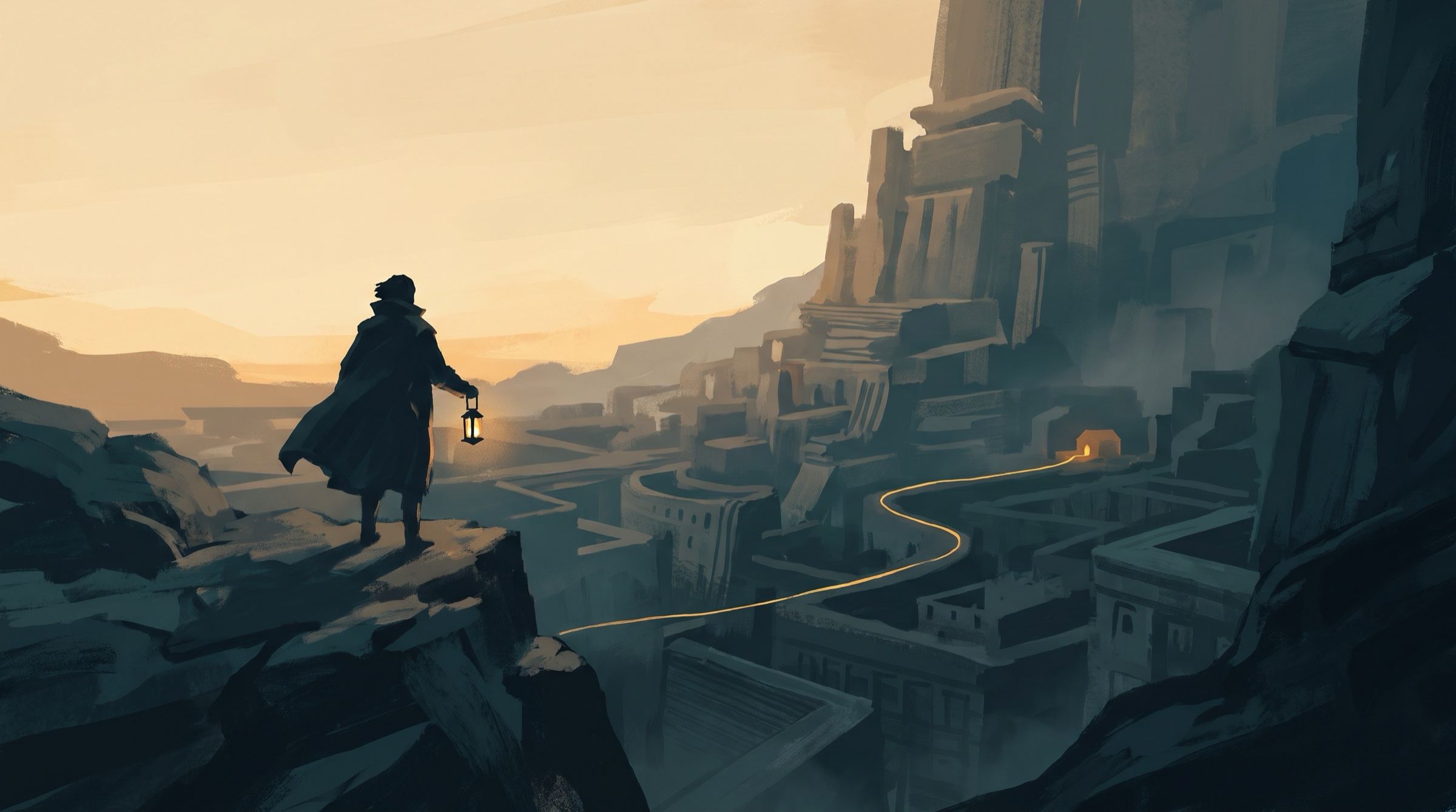 An explorer holding a lantern stands on a cliff above a vast labyrinth city at dawn. A thin golden thread runs from the lantern through the streets to one lit building.